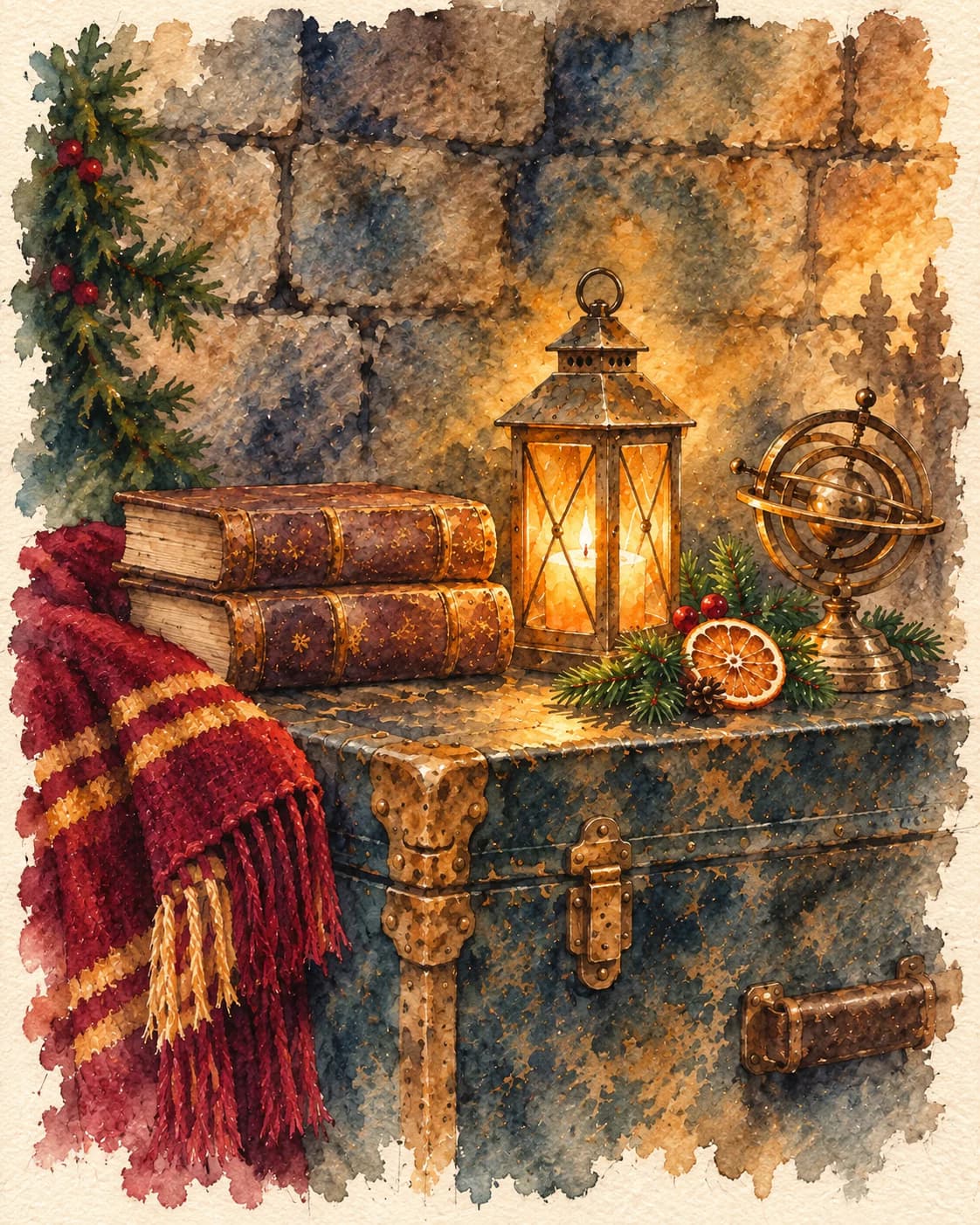 Acuarela de inspiración con libros antiguos, farol y piezas de latón sobre un baúl oscuro