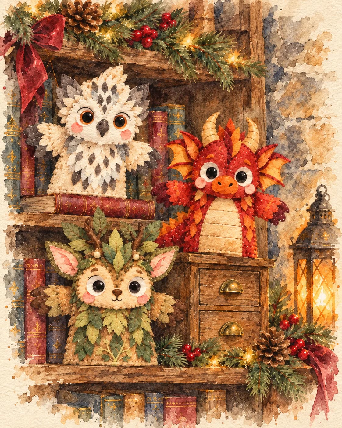 Acuarela de inspiración con tres criaturas de fieltro entre libros y ramas de invierno